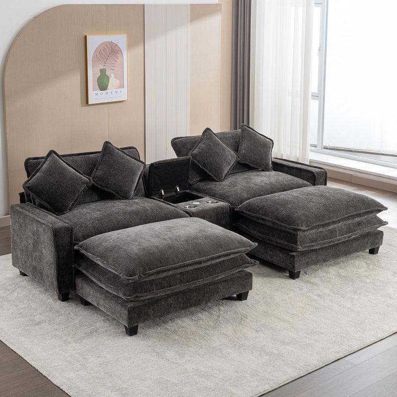 Sectional Sofa Chenille Upholstered Sofa With Two Removable Ottoman, Two USB Ports, Two Cup Holders And Large Storage Box For Living Room