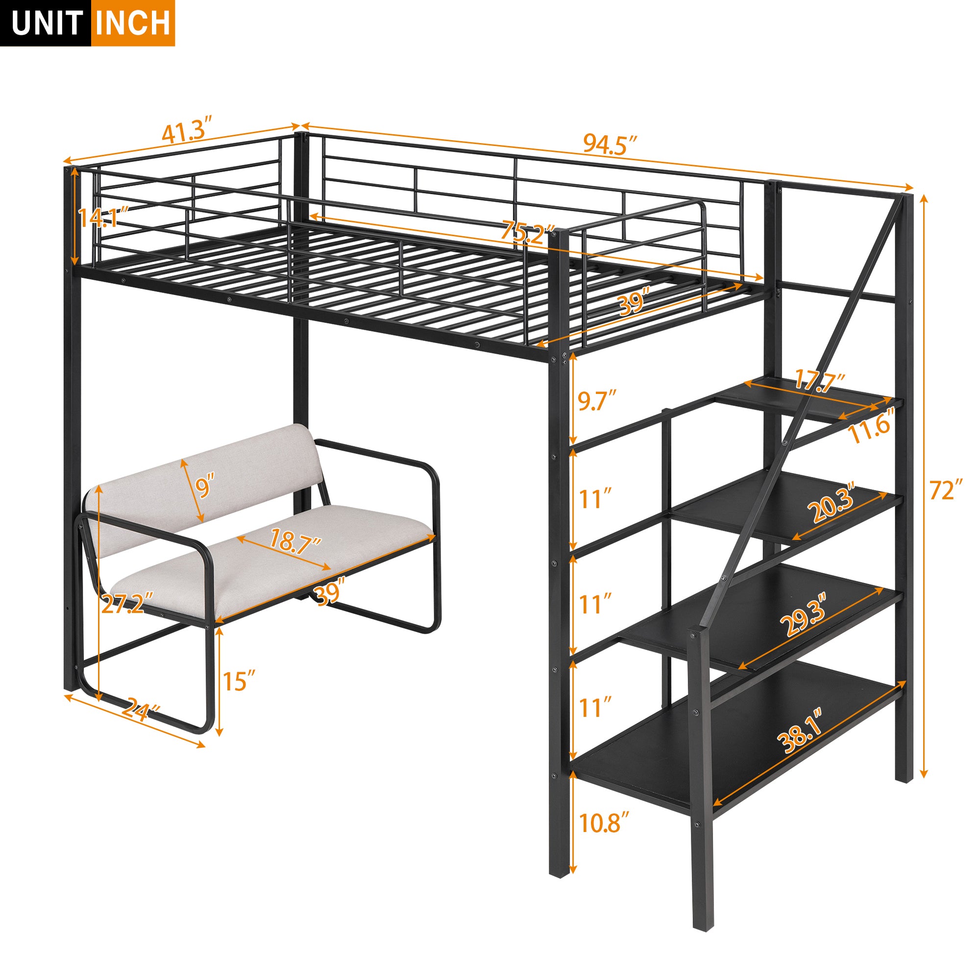 Twin Size Metal Loft Bed with Bench and Storage Staircase, Black - Atlantic Fine Furniture Melbourne FL