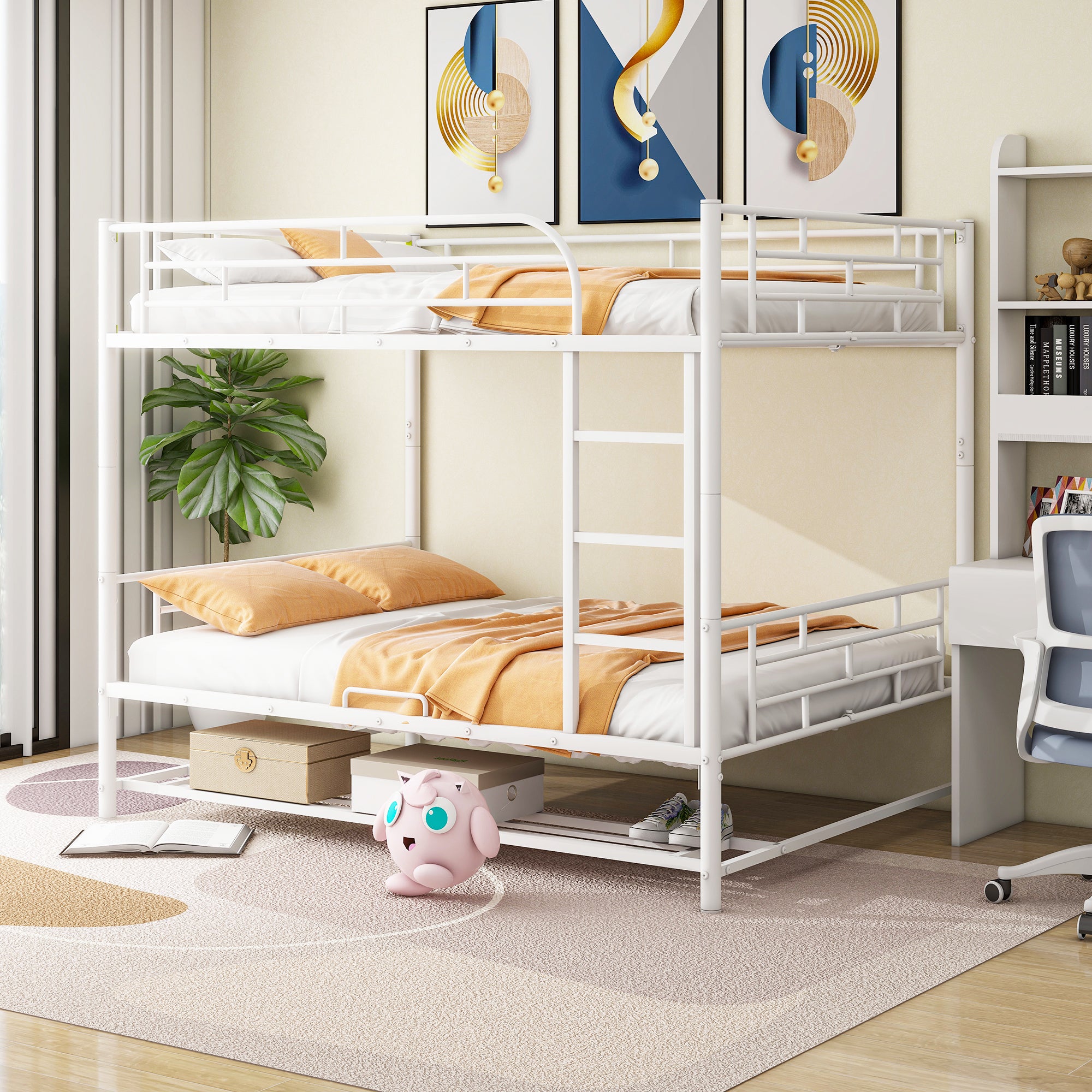 Full Over Full Metal Bunk Bed with Shelf and Guardrails, White - Atlantic Fine Furniture Melbourne FL