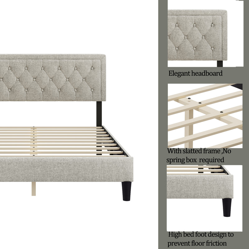 Queen size Panel Bed Frame with Adjustable Button-Tufted Headboard for Bedroom/Linen Upholstered/Wood Slat Support/Easy Assembly,Linen Beige