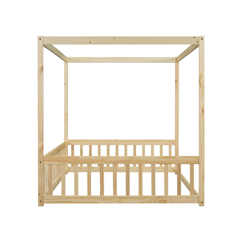 Canopy Frame Floor Bed With Fence, Guardrails