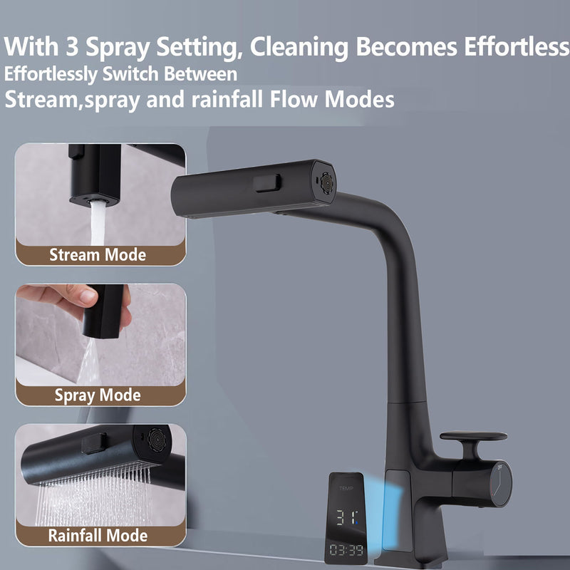 Modern Waterfall Kitchen Faucet With Temperature Display And Pull Down Sprayer, Zinc Construction - Matte Black