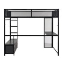 Full Size Gaming Loft Bed With LED Desk, Open Wardrobe, 3 Linen Storage Drawers - Black