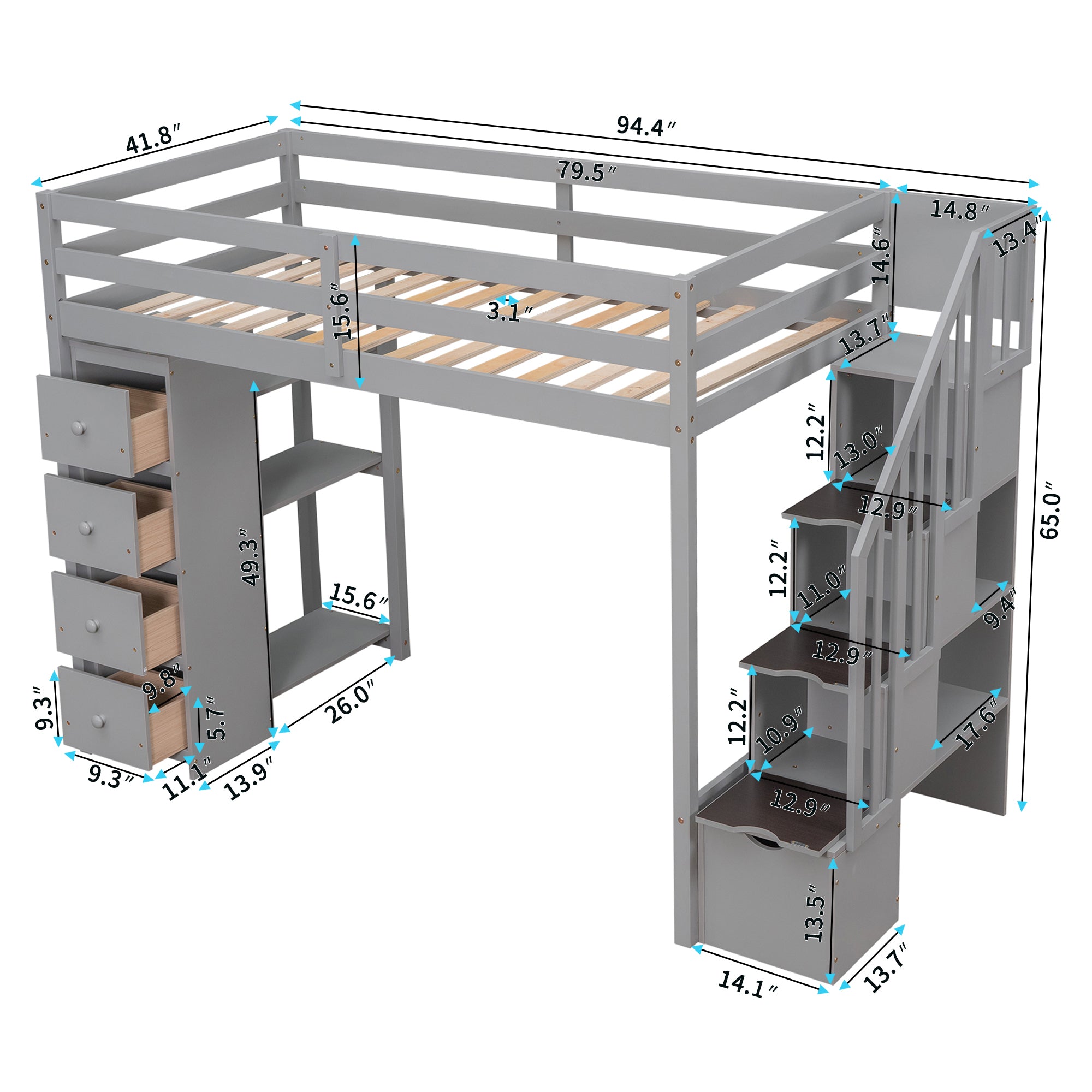 Twin size Loft Bed with Storage Drawers and Stairs, Wooden Loft Bed with Shelves - Gray - Atlantic Fine Furniture Melbourne FL