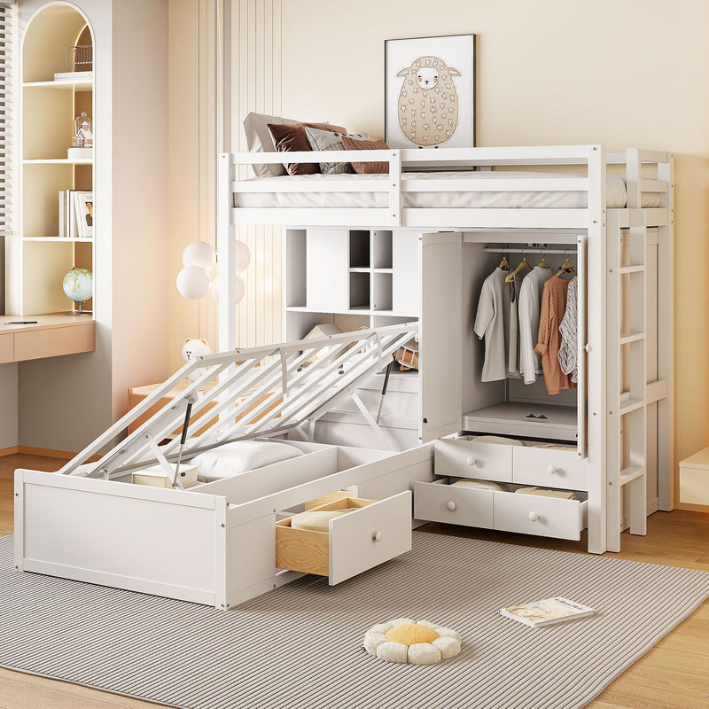 Bunk Bed With Drawers, Wardrobe, Storage Shelves And Hydraulic