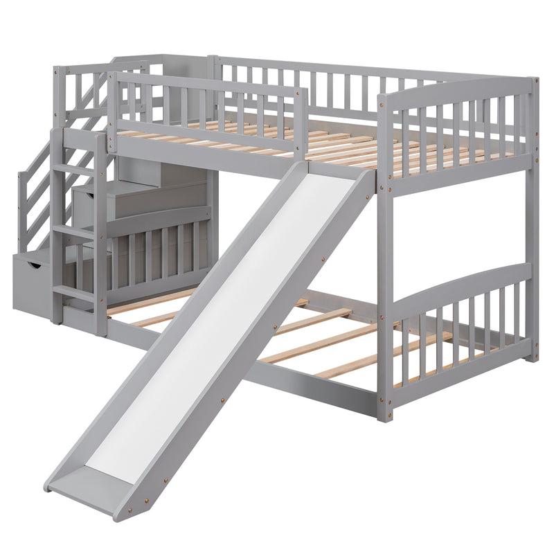 Stairway Twin over Twin Bunk Bed with Two Drawers and Slide, Gray(OLD SKU :LT000155AAE)