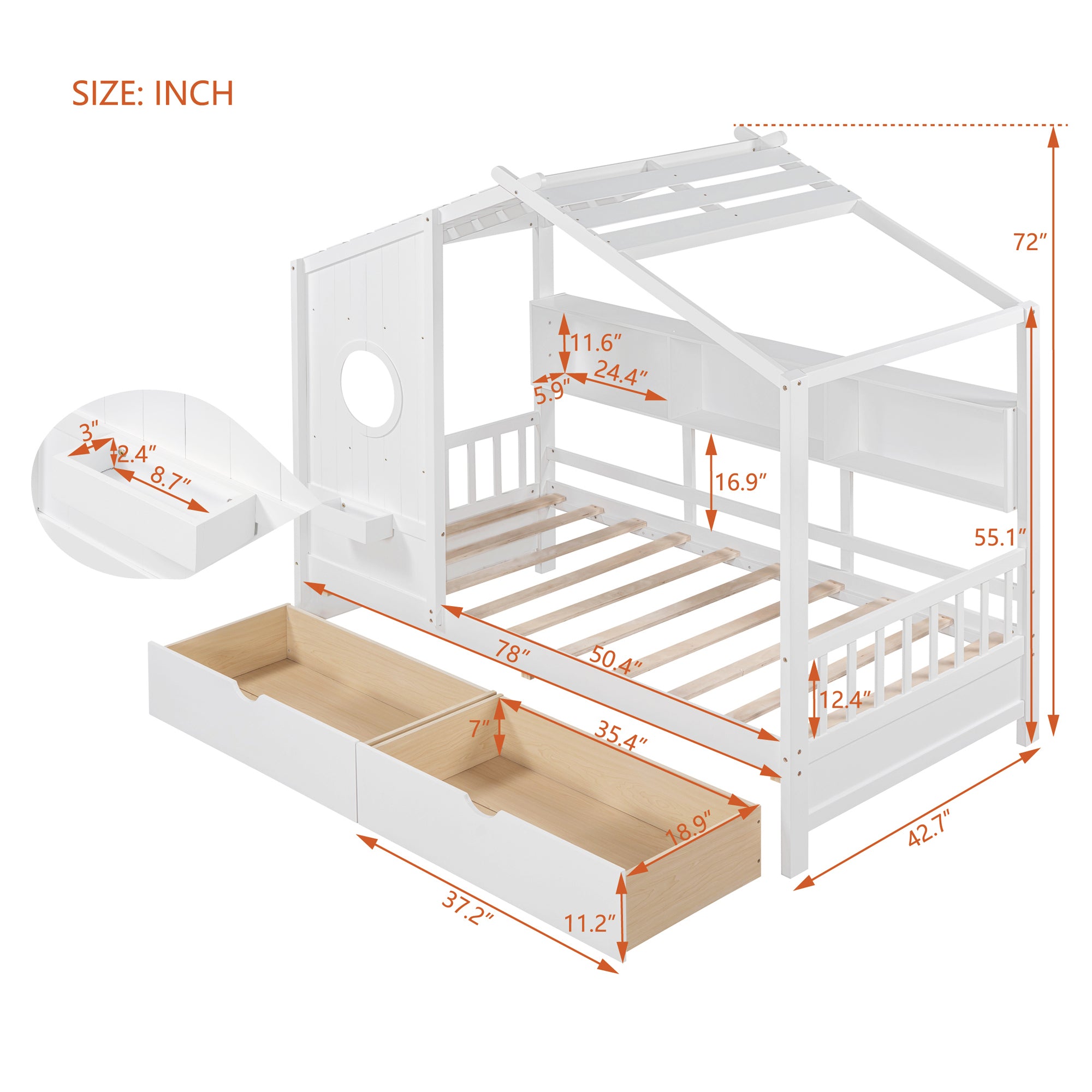 Wooden Twin Size House Bed with 2 Drawers,Kids Bed with Storage Shelf, White - Atlantic Fine Furniture Melbourne FL