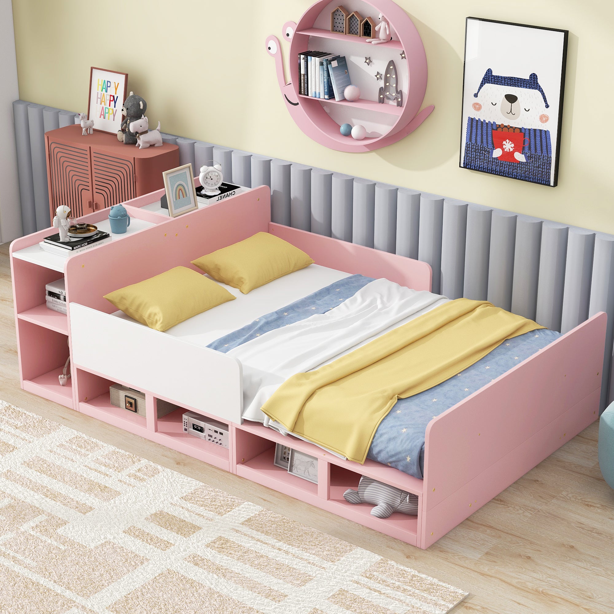 Wood Full Size Platform Bed with Storage Headboard, Guardrails and 4 Underneath Cabinets, Pink - Atlantic Fine Furniture Melbourne FL
