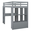 Full Size Loft Bed with large shelves, writing desk and LED Light, Gray
