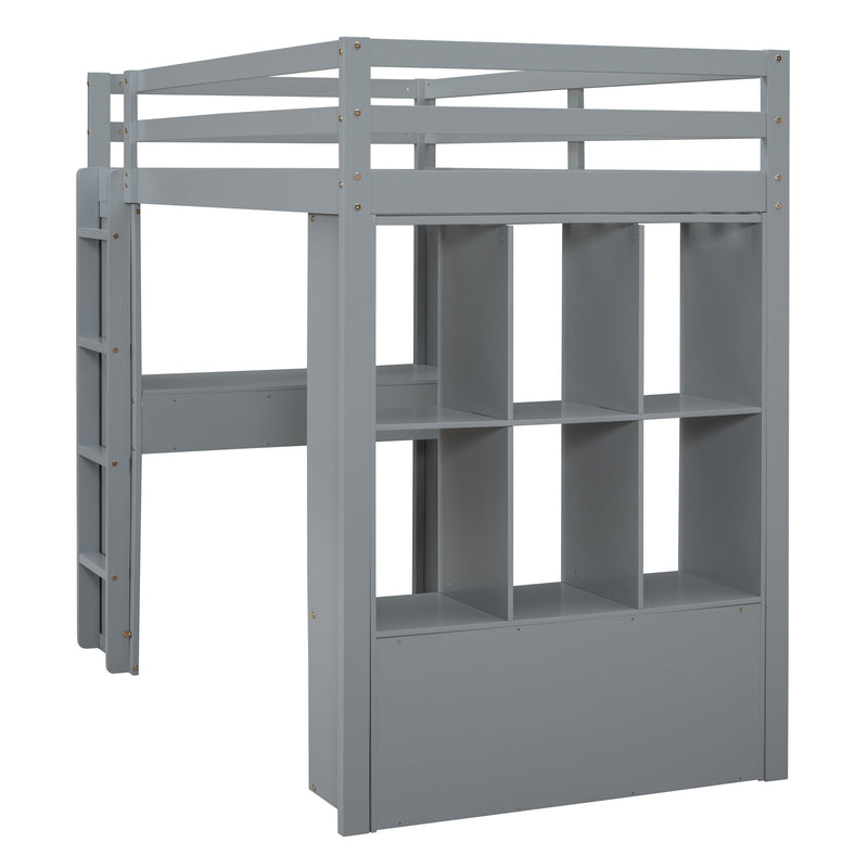 Full Size Loft Bed with large shelves, writing desk and LED Light, Gray