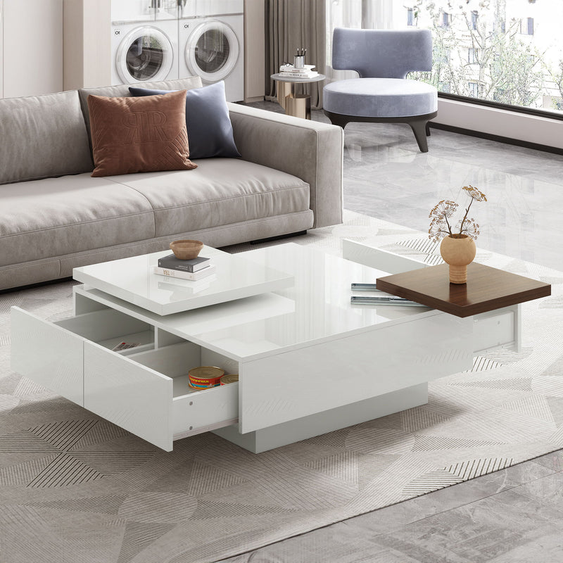 Movable Square Top Coffee Table With 4 Hidden Storage Drawers