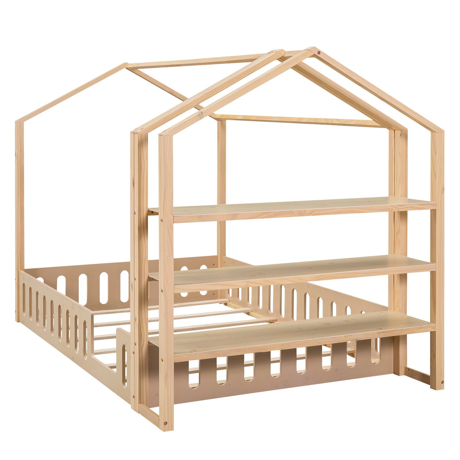 Full Size Wood House Bed with Fence and Detachable Storage Shelves, Natural