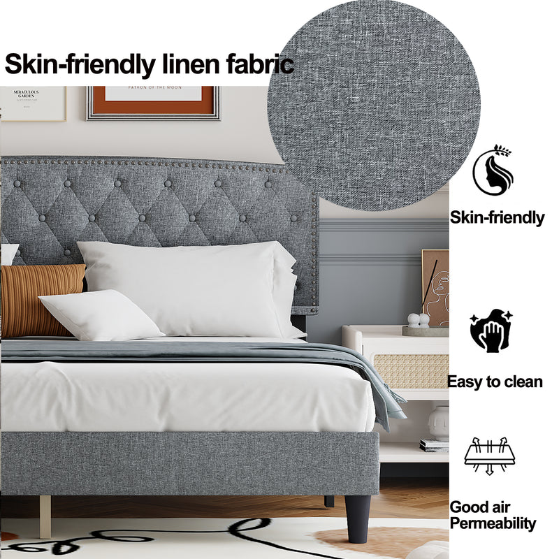 King size Adjustable Headboard with Fine Linen Upholstery and Button Tufting for Bedroom,  Wave Top  LIGHT GREY