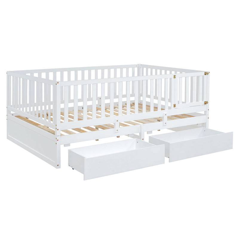 Daybed With Fence Guardrails And 2 Drawers, Split Into Independent Floor Bed & Daybed