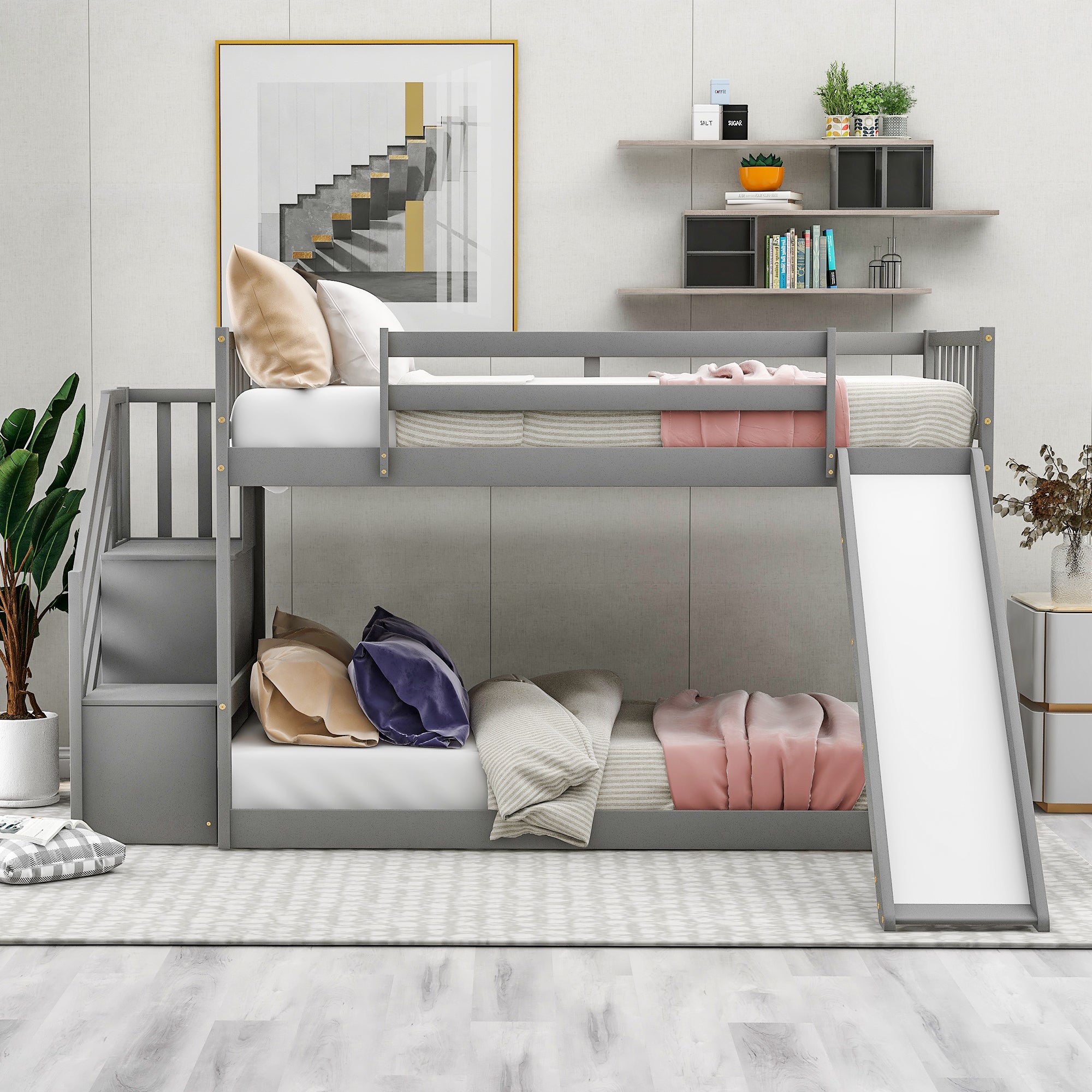 Twin over Twin Bunk Bed with Convertible Slide and Stairway, Gray - Atlantic Fine Furniture Melbourne FL