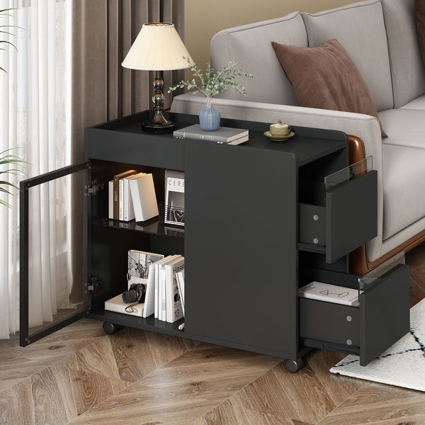 Modern End Table With Led Light And Wheels, Side Table With Transparent Brown Glass Door, 2 Storage Shelves And Drawers For Living Room