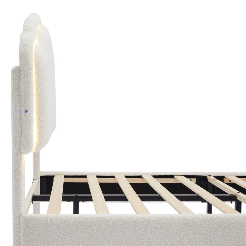 Upholstered Elegant Flowers Headboard With LED Light Strip, Platform Bed With Slats Support