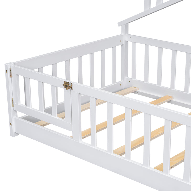 Twin House-Shaped Bedside Floor Bed with Guardrails, Slats, with Door,White