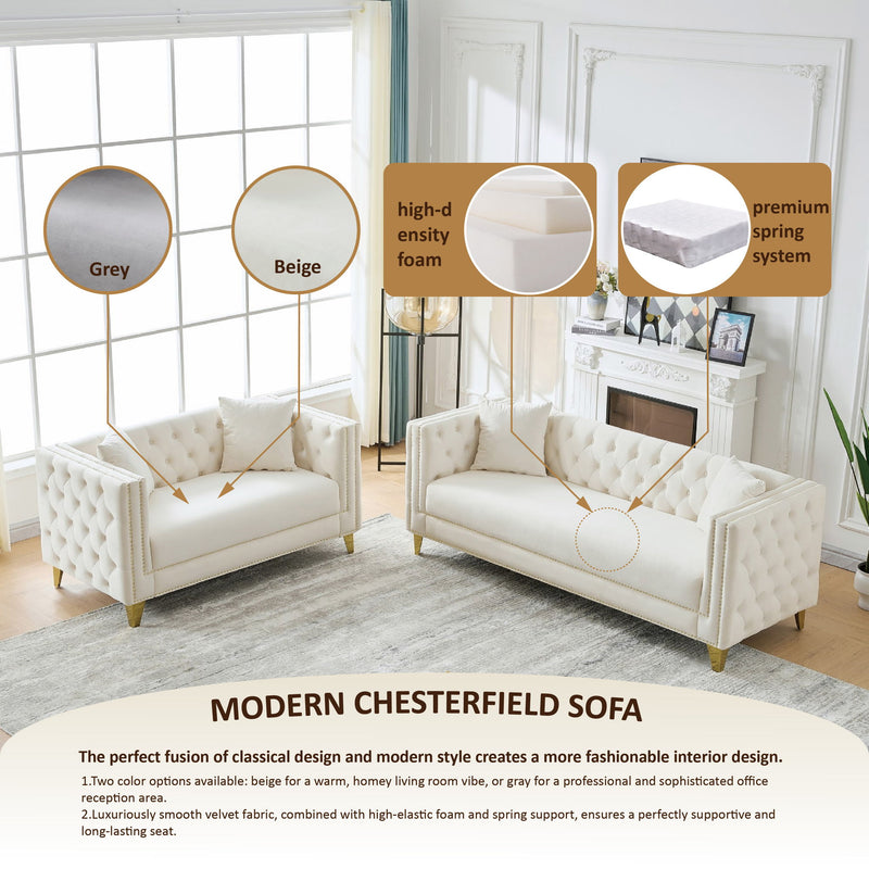 3 And 3 Seater Deep Seat Sofa With Button Nailhead And Square Arm Design - Beige