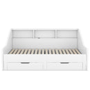 Twin to King Size Daybed Frame with Storage Bookcases and Two Drawers,Charging Design,White