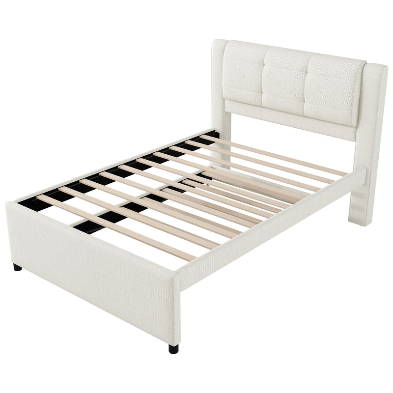Full Size Upholstered Platform Bed With Adjustable Trundle - Beige