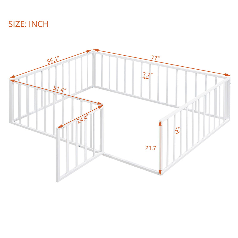 Metal Floor Bed Frame With Fence And Door - Black