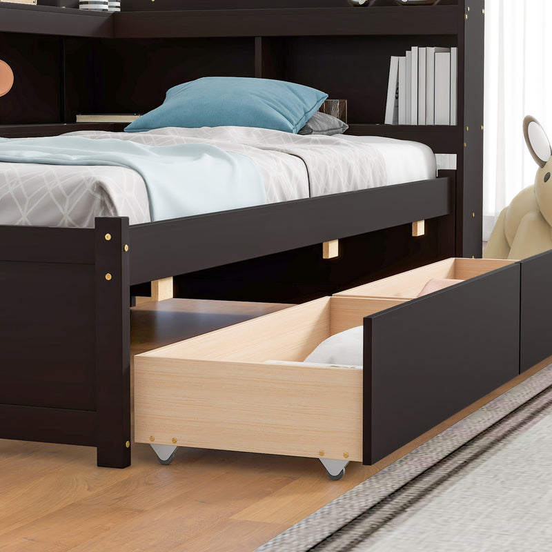 Twin Bed with L-shaped Bookcases,Drawers,Espresso