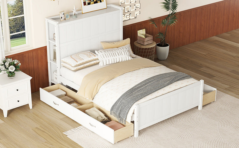 Full Size Platform Bed with Drawers and Storage Shelves, White