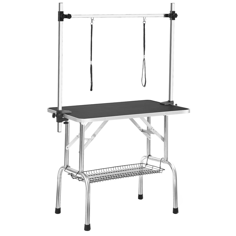 Professional Dog Pet Grooming Table Large Adjustable Heavy Duty Portable With Arm & Noose & Mesh Tray - Black