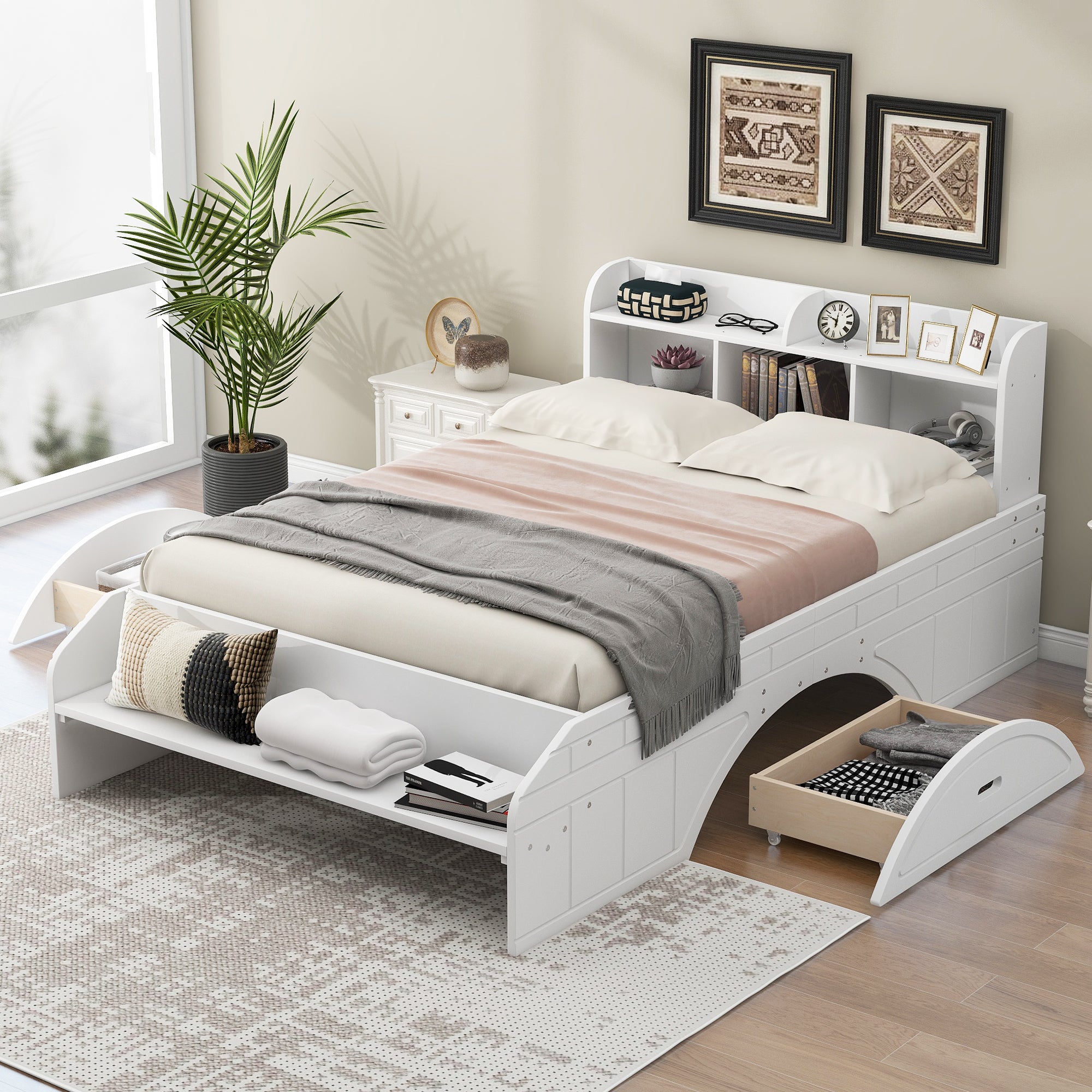 Wood Full Size Platform Bed with 2 Drawers, Storage  Headboard and Footboard, White - Atlantic Fine Furniture Melbourne FL