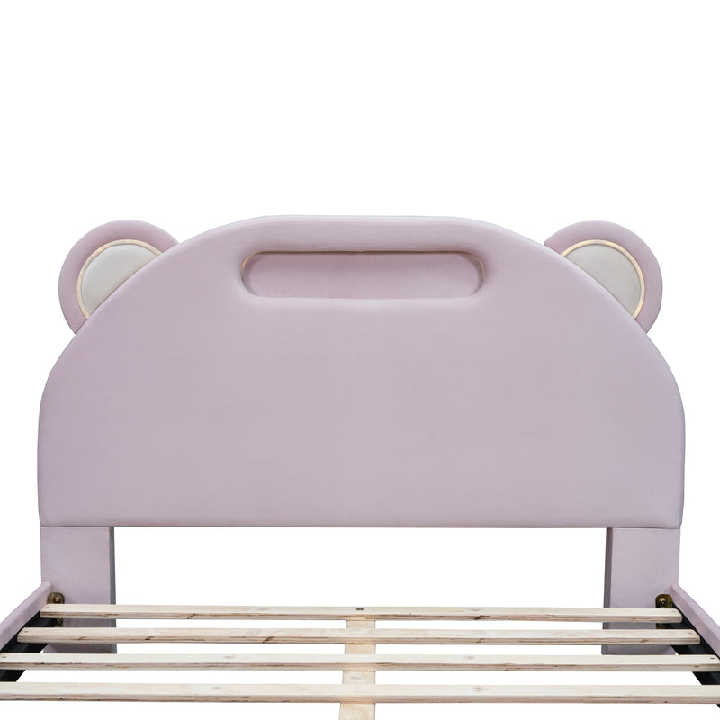 Full Size Upholstered Platform Bed with Bear-Shaped Headboard and Embedded Light Stripe, Velvet, Pink