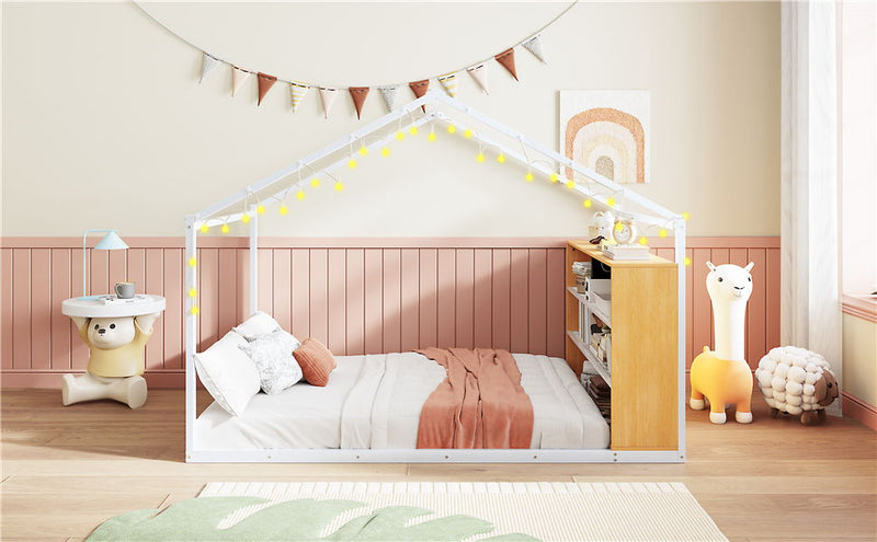 Bed House Frame With Shelves And Lights