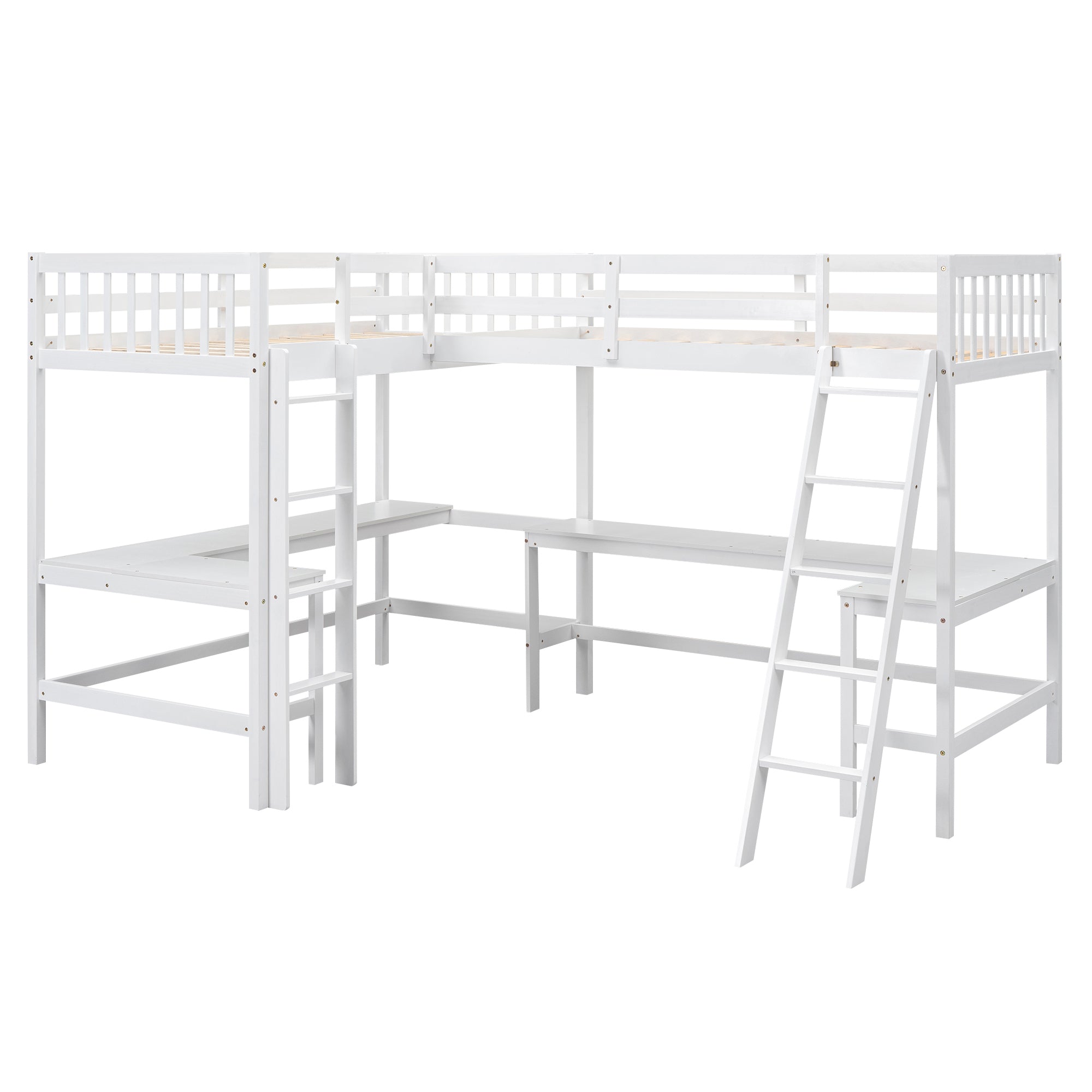 Wood Twin Size L-Shaped Loft Bed with Ladder and 2 Built-in L-Shaped Desks, White - Atlantic Fine Furniture Melbourne FL