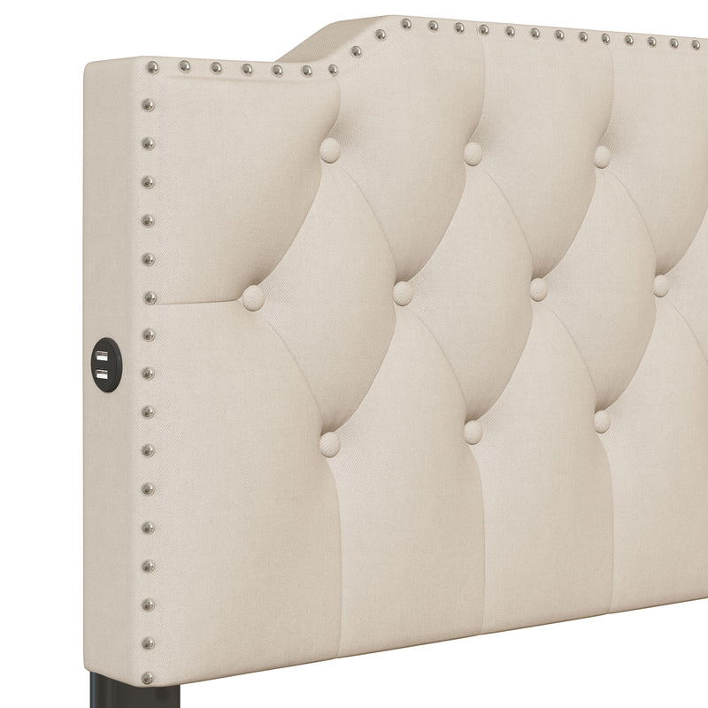 Upholstered Platform Bed With 2 Drawers And 2 Sets Of USB Ports On Each Side, Linen Fabric