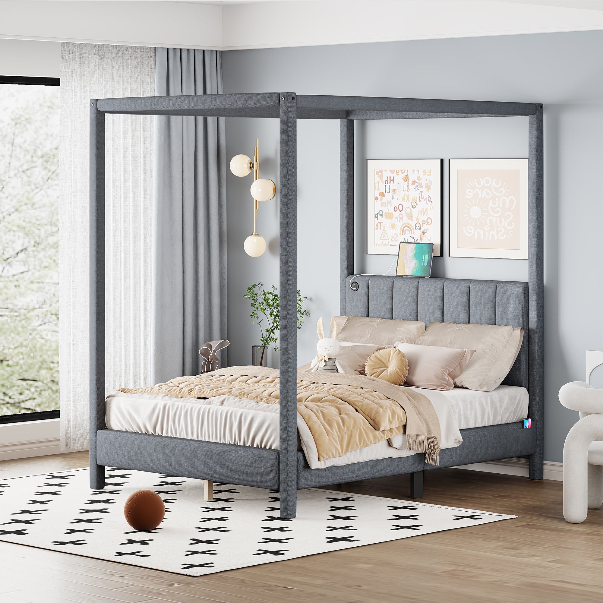 Queen Size Canopy Platform Bed with USB and Type-C Ports, Canvas, Gray - Atlantic Fine Furniture Melbourne FL