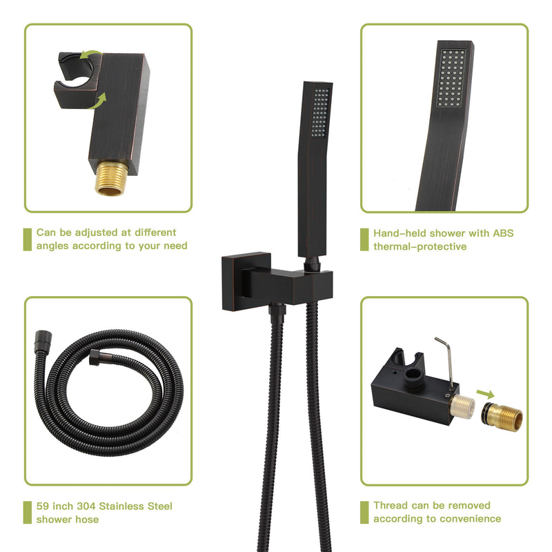 Wall Mounted Square Shower System With Waterfall Tub Spout And 12" Shower Head - Oil-Rubbed Bronze