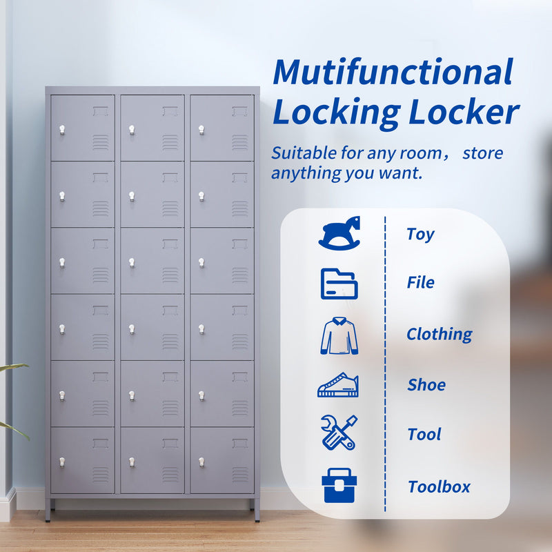 Lockers 18 Door With Lock For Employees, Storage Cabinet For Home Gym Office School Garage - Gray