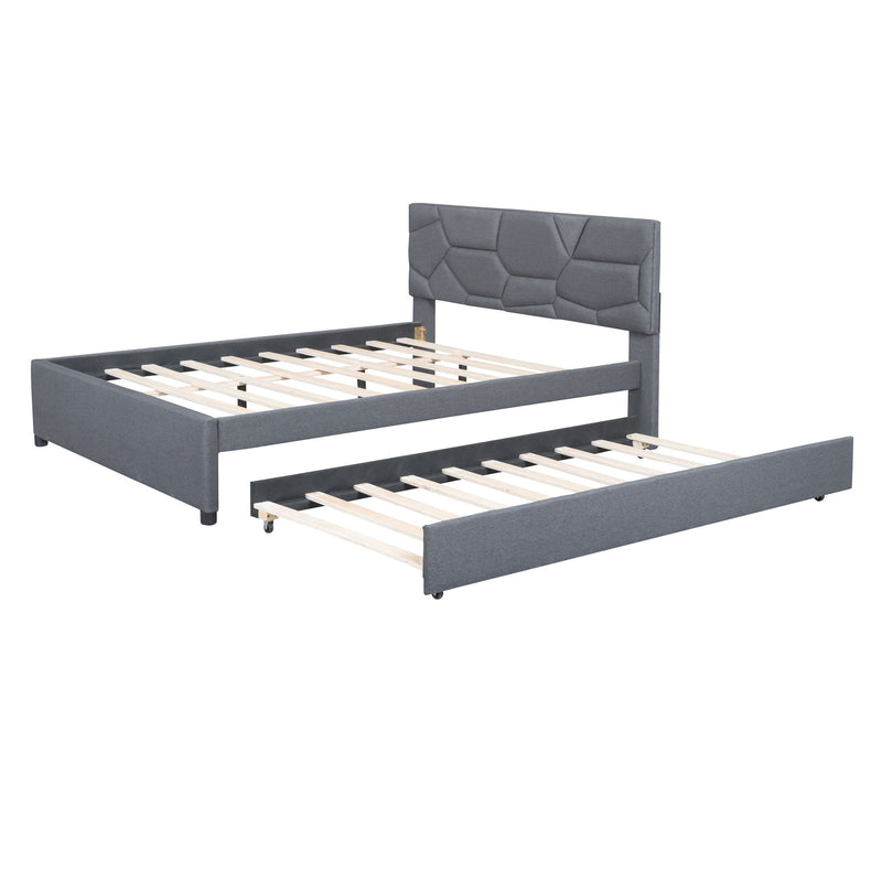 Upholstered Platform Bed With Brick Pattern Headboard And Twin Long Size Trundle