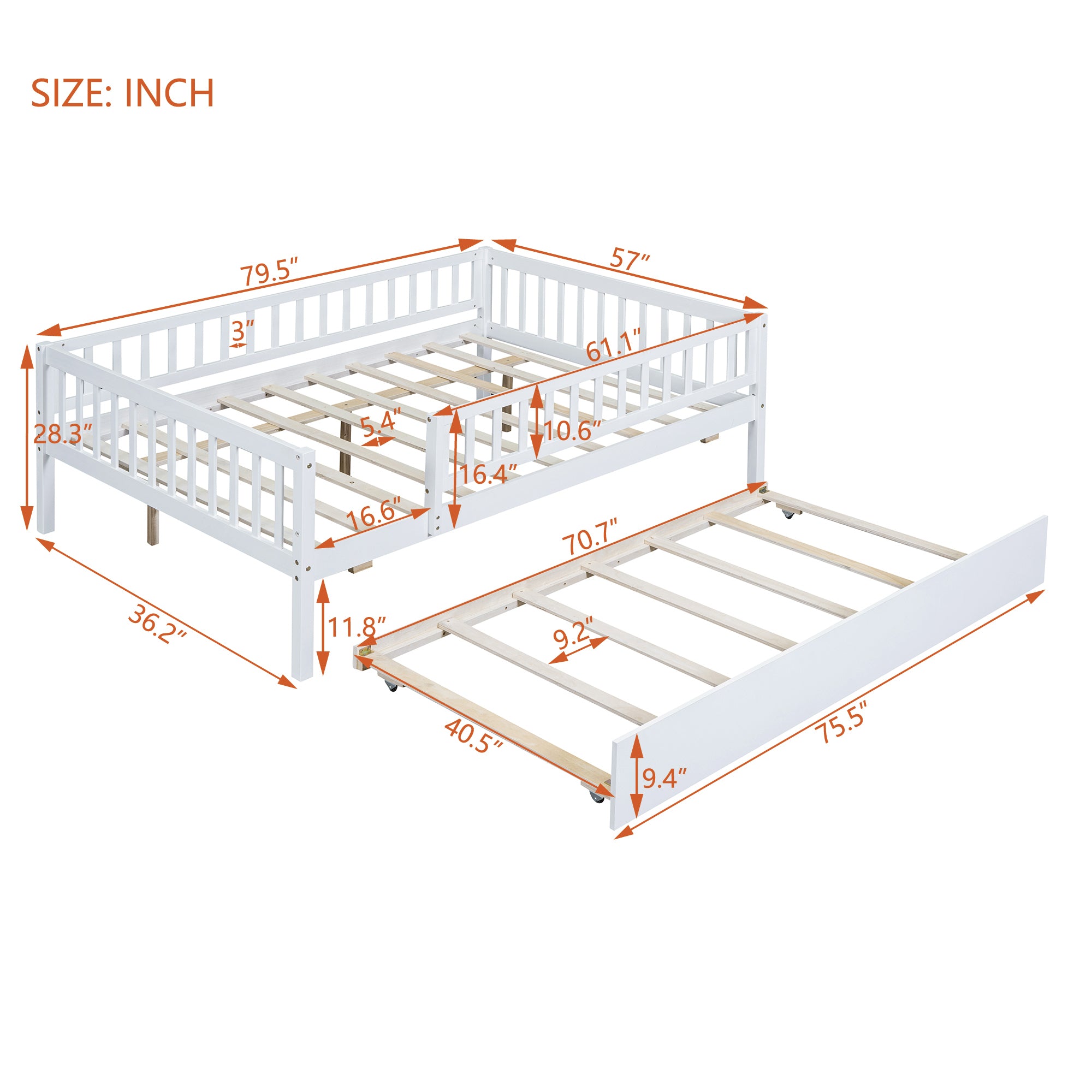 Full Size Wood Daybed with Trundle and Fence Guardrails, White - Atlantic Fine Furniture Melbourne FL