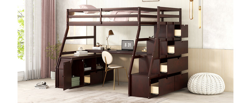 Twin Size Loft Bed with 7 Drawers 2 Shelves and Desk - Espresso