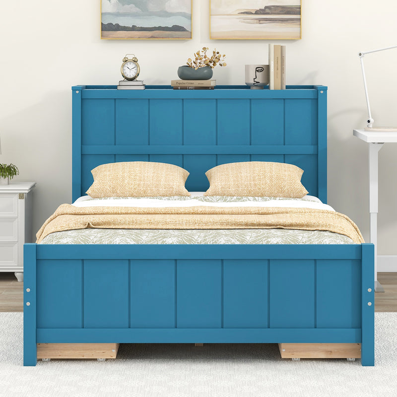 Full Size Platform Bed with Drawers and Storage Shelves, Blue