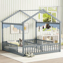 Double Twin House-Style Floor Bed with Fence, Guardrails, without door, Grey