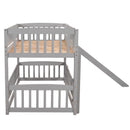 Bunk Bed with Slide,Twin Over Twin Low Bunk Bed with Fence and Ladder for Toddler Kids Teens Grey