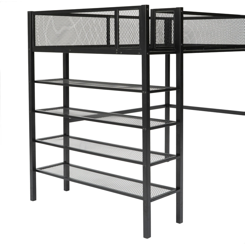 Loft Bed With 4 Tier Shelves And Storage