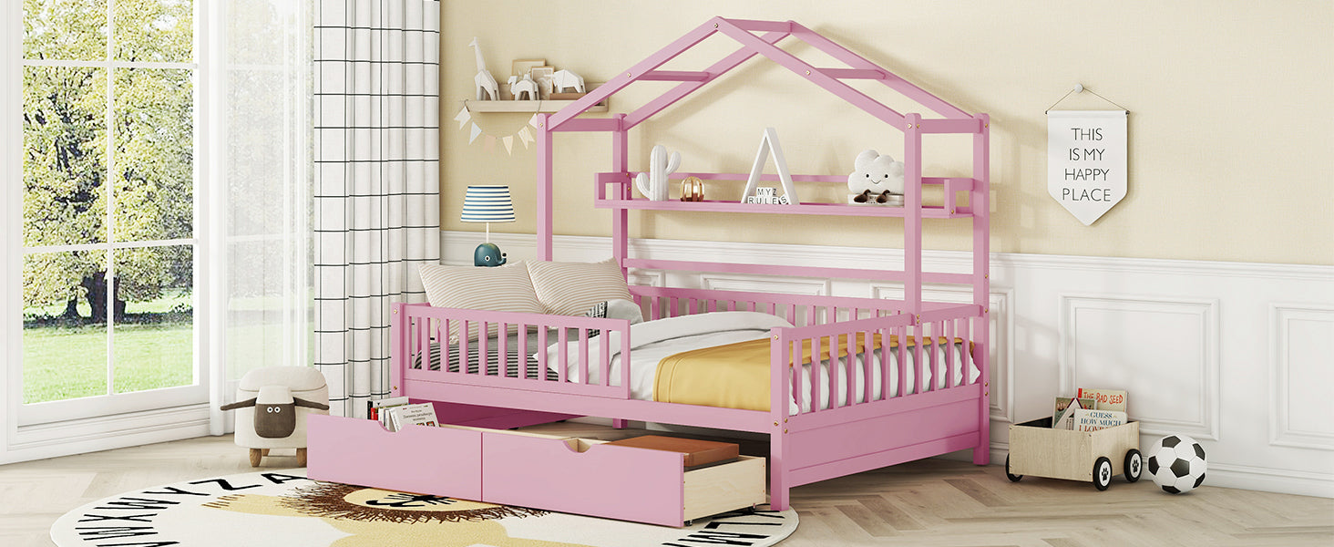 Wooden Full Size House Bed with 2 Drawers,Kids Bed with Storage Shelf, Pink - Atlantic Fine Furniture Melbourne FL
