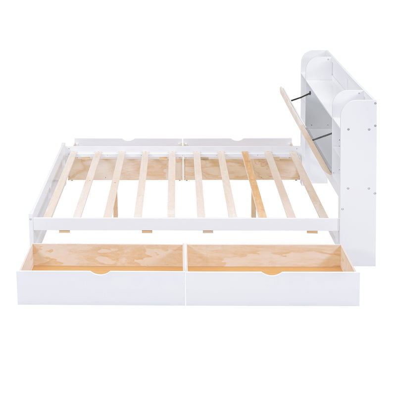 Wood Queen Size Platform Bed with Storage Headboard, Shelves and 4 Drawers, White