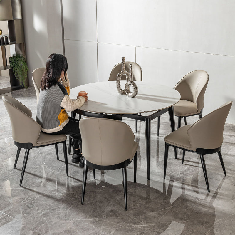 Modern Extendable Round Dining Table With Sintered Stone Top - White / Black