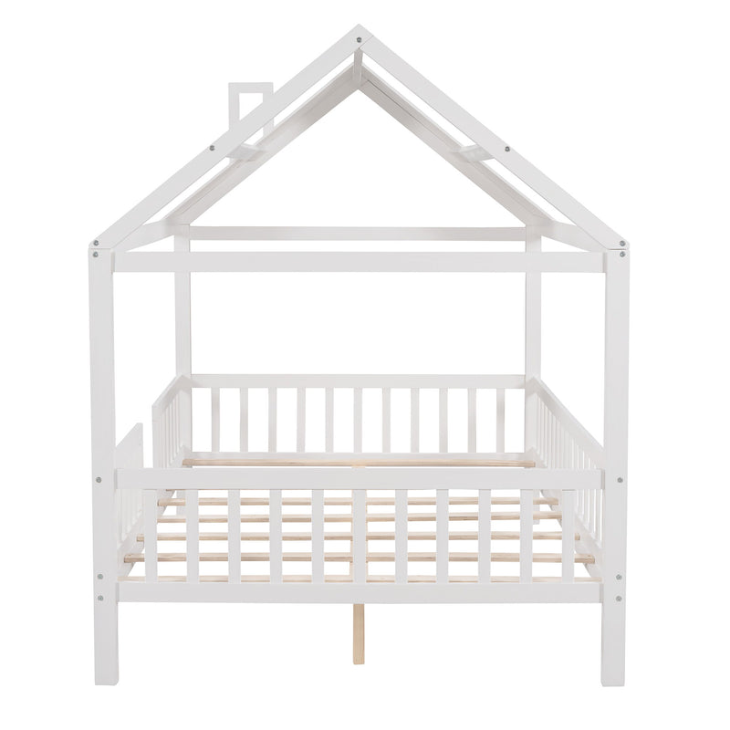 Full Size Wood House Bed With Fence - White