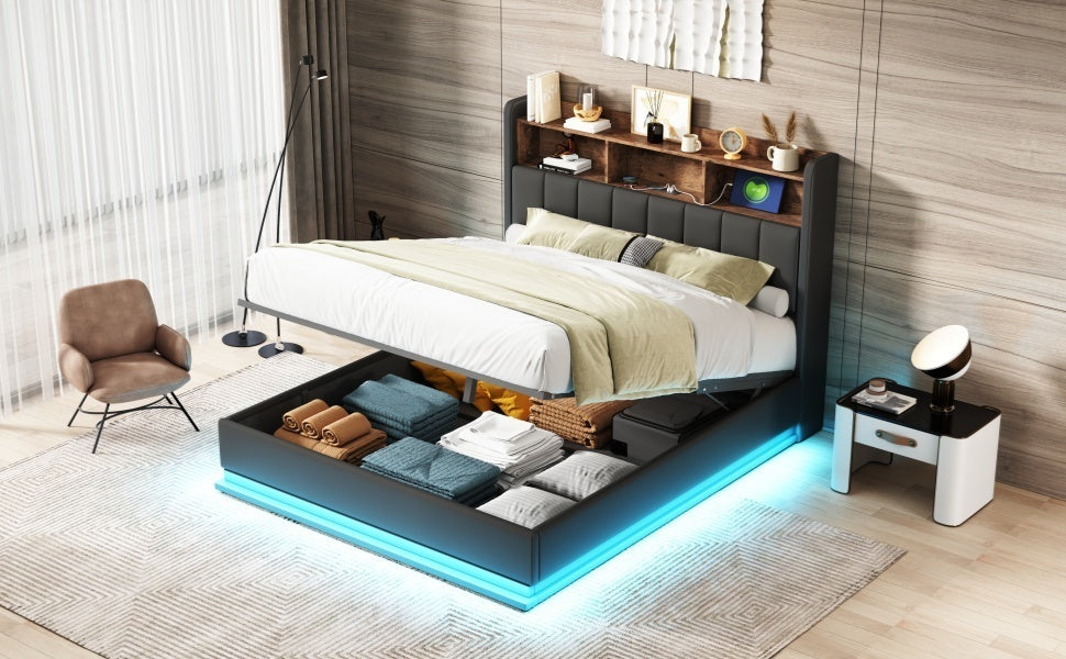 Queen Size  Upholstered Platform Bed with Storage Headboard and Hydraulic Storage System, PU Storage Bed with LED Lights and USB charger, Black - Atlantic Fine Furniture Melbourne FL