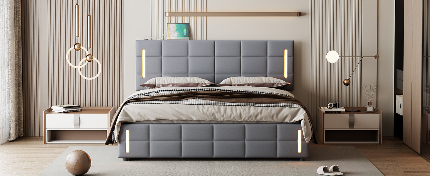 Full Size Upholstered Bed with Hydraulic Storage System and LED Light, Gray - Atlantic Fine Furniture Melbourne FL